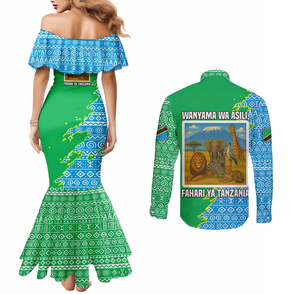 Tanzania Wildlife Couples Matching Mermaid Dress and Long Sleeve Button Shirt with Tribal Print and Mount Kilimanjaro Safari Scene