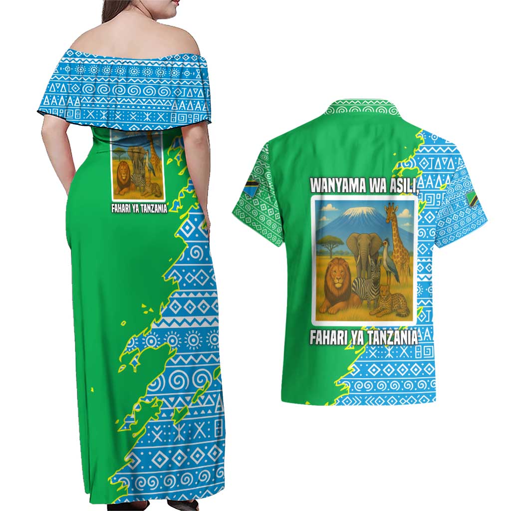 Tanzania Wildlife Couples Matching Off Shoulder Maxi Dress and Hawaiian Shirt with Tribal Print and Mount Kilimanjaro Safari Scene