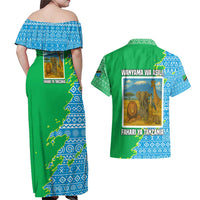 Tanzania Wildlife Couples Matching Off Shoulder Maxi Dress and Hawaiian Shirt with Tribal Print and Mount Kilimanjaro Safari Scene