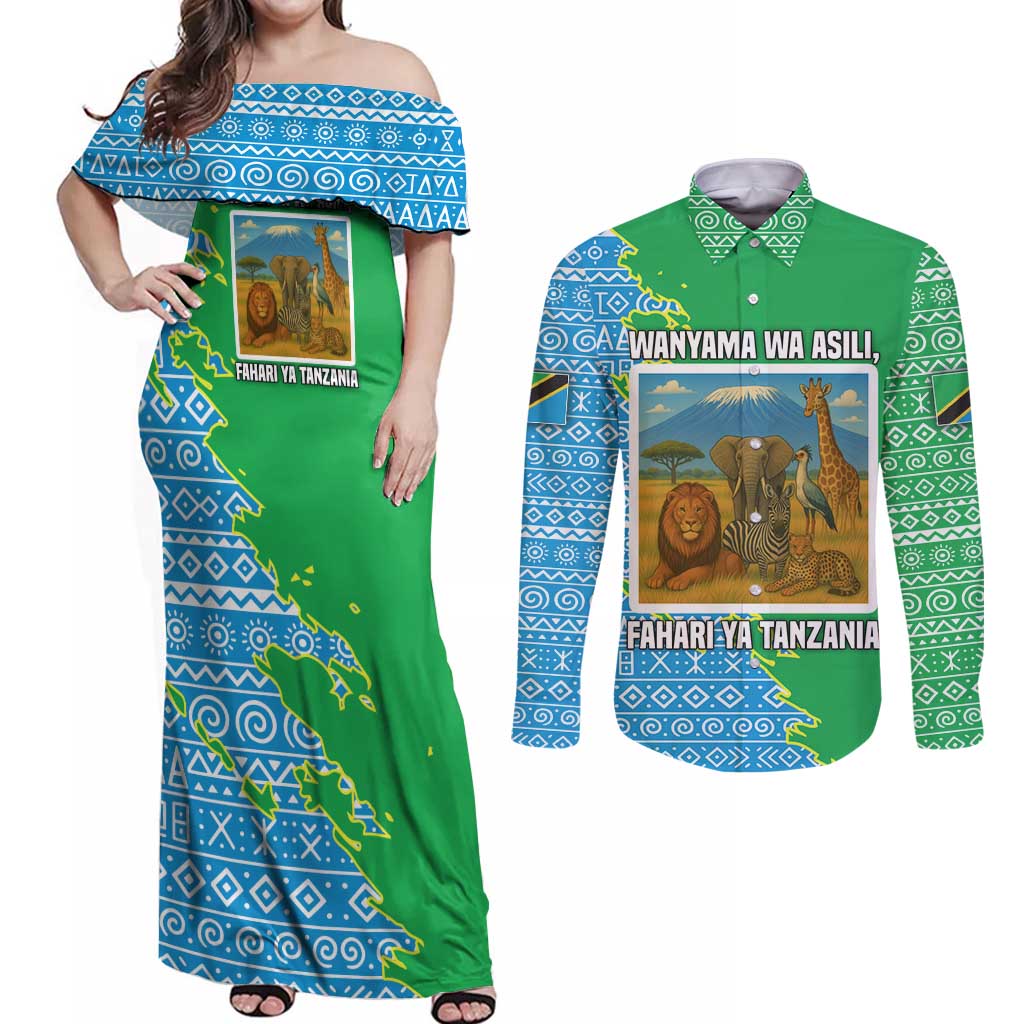 Tanzania Wildlife Couples Matching Off Shoulder Maxi Dress and Long Sleeve Button Shirt with Tribal Print and Mount Kilimanjaro Safari Scene