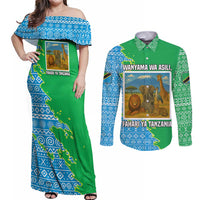 Tanzania Wildlife Couples Matching Off Shoulder Maxi Dress and Long Sleeve Button Shirt with Tribal Print and Mount Kilimanjaro Safari Scene