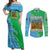 Tanzania Wildlife Couples Matching Off Shoulder Maxi Dress and Long Sleeve Button Shirt with Tribal Print and Mount Kilimanjaro Safari Scene