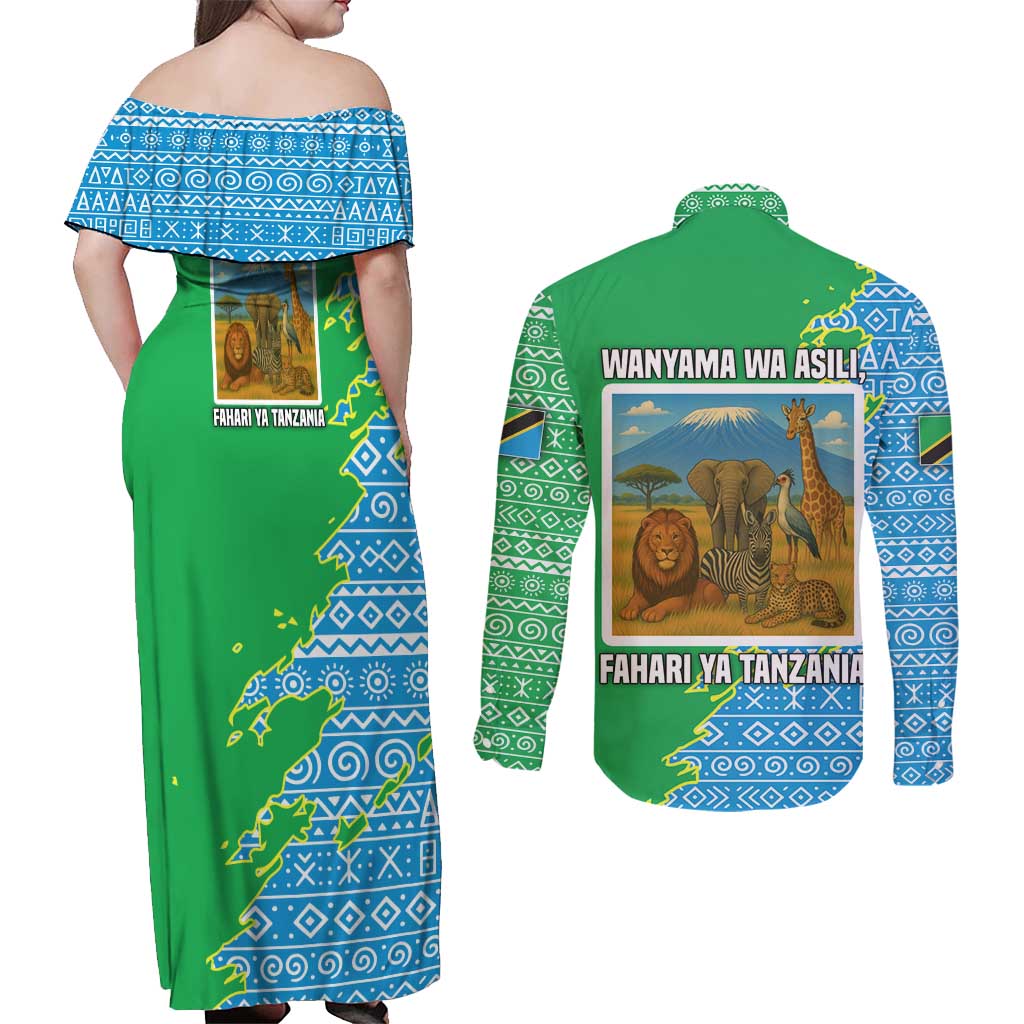 Tanzania Wildlife Couples Matching Off Shoulder Maxi Dress and Long Sleeve Button Shirt with Tribal Print and Mount Kilimanjaro Safari Scene