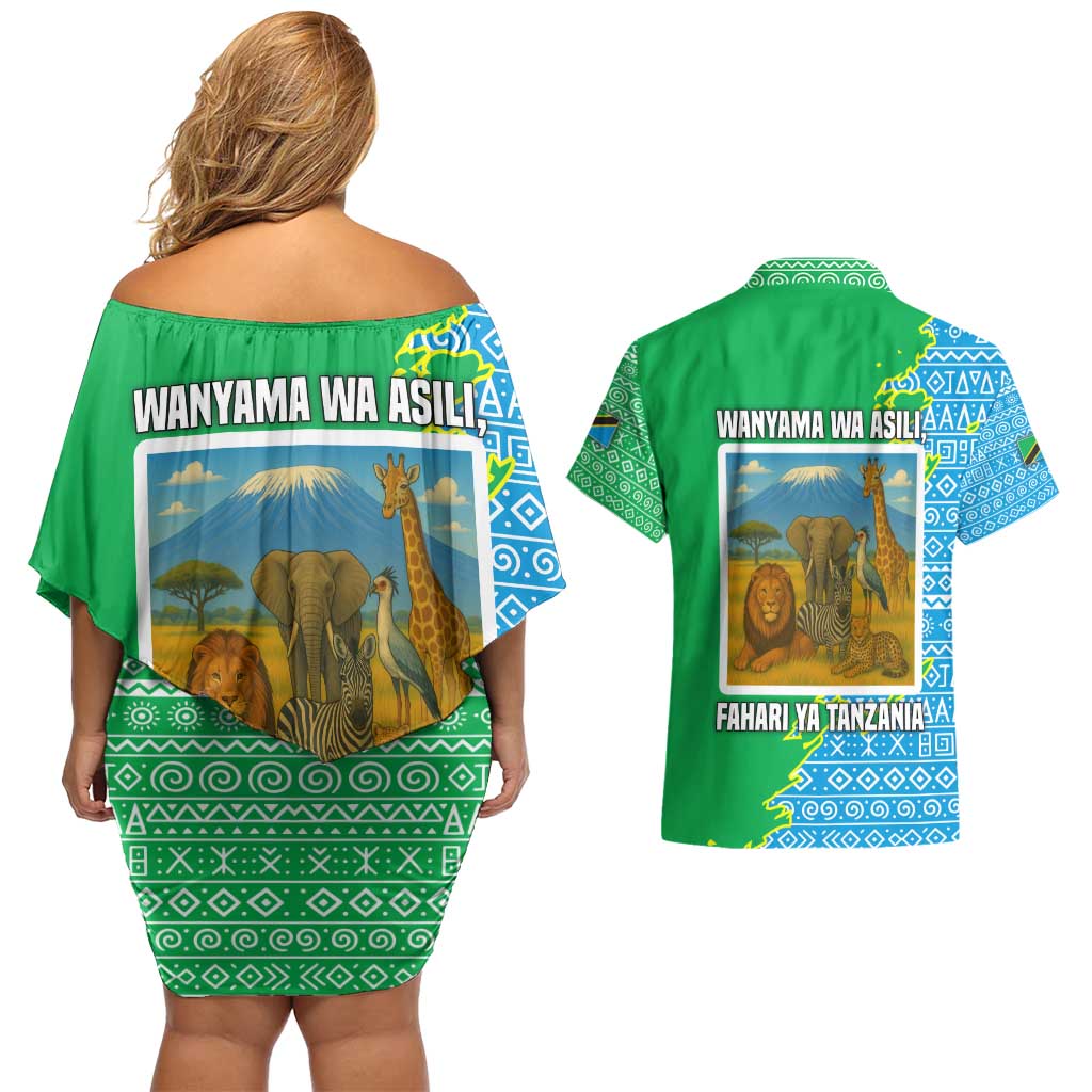 Tanzania Wildlife Couples Matching Off Shoulder Short Dress and Hawaiian Shirt with Tribal Print and Mount Kilimanjaro Safari Scene