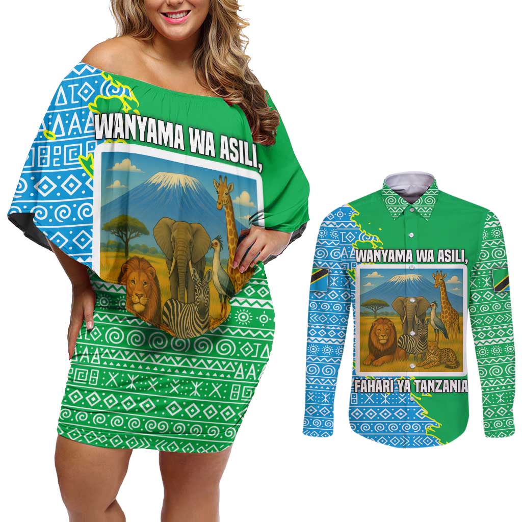 Tanzania Wildlife Couples Matching Off Shoulder Short Dress and Long Sleeve Button Shirt with Tribal Print and Mount Kilimanjaro Safari Scene
