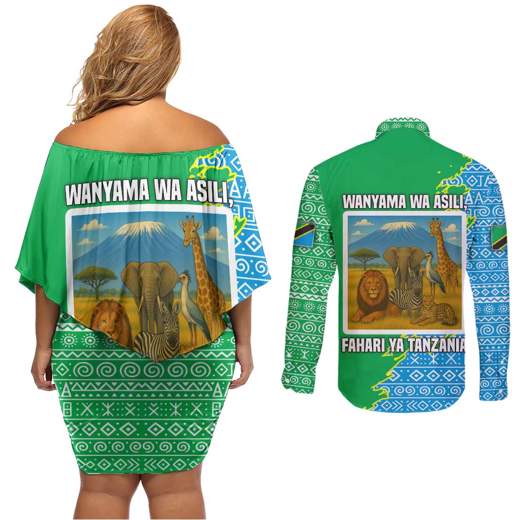 Tanzania Wildlife Couples Matching Off Shoulder Short Dress and Long Sleeve Button Shirt with Tribal Print and Mount Kilimanjaro Safari Scene