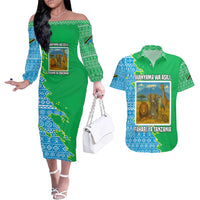 Tanzania Wildlife Couples Matching Off The Shoulder Long Sleeve Dress and Hawaiian Shirt with Tribal Print and Mount Kilimanjaro Safari Scene