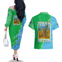Tanzania Wildlife Couples Matching Off The Shoulder Long Sleeve Dress and Hawaiian Shirt with Tribal Print and Mount Kilimanjaro Safari Scene