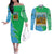 Tanzania Wildlife Couples Matching Off The Shoulder Long Sleeve Dress and Long Sleeve Button Shirt with Tribal Print and Mount Kilimanjaro Safari Scene