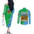 Tanzania Wildlife Couples Matching Off The Shoulder Long Sleeve Dress and Long Sleeve Button Shirt with Tribal Print and Mount Kilimanjaro Safari Scene