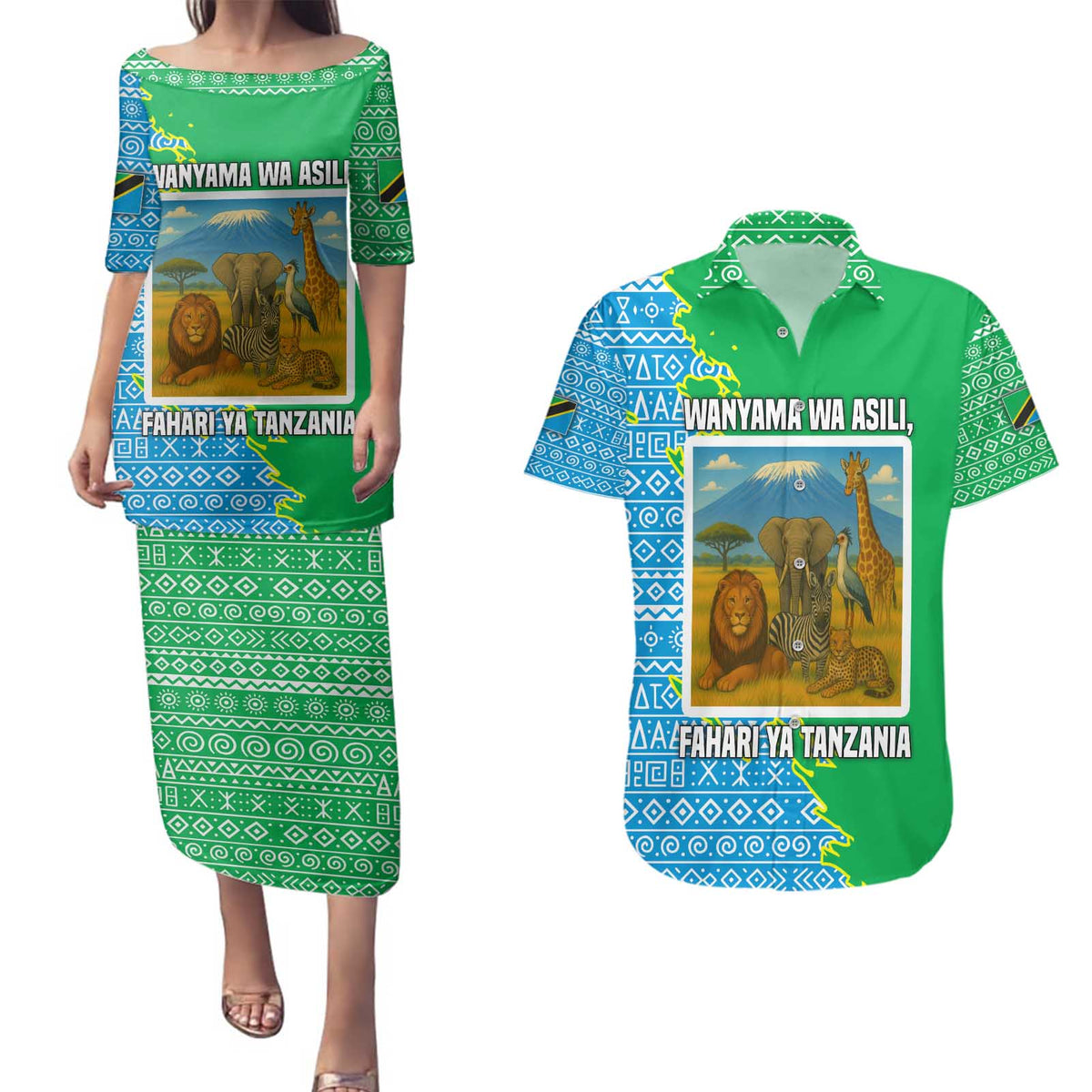 Tanzania Wildlife Couples Matching Puletasi and Hawaiian Shirt with Tribal Print and Mount Kilimanjaro Safari Scene