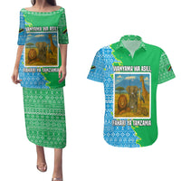 Tanzania Wildlife Couples Matching Puletasi and Hawaiian Shirt with Tribal Print and Mount Kilimanjaro Safari Scene