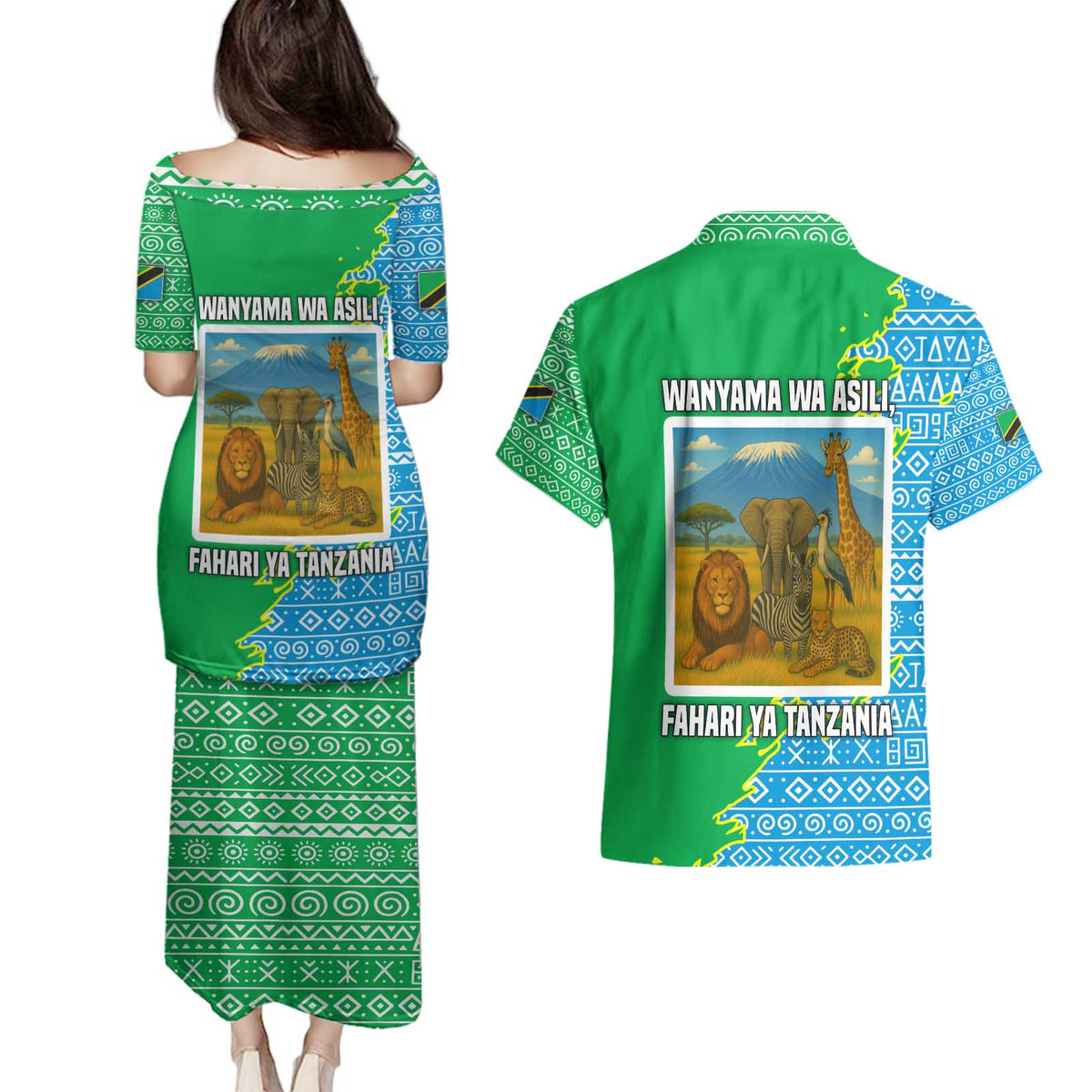 Tanzania Wildlife Couples Matching Puletasi and Hawaiian Shirt with Tribal Print and Mount Kilimanjaro Safari Scene