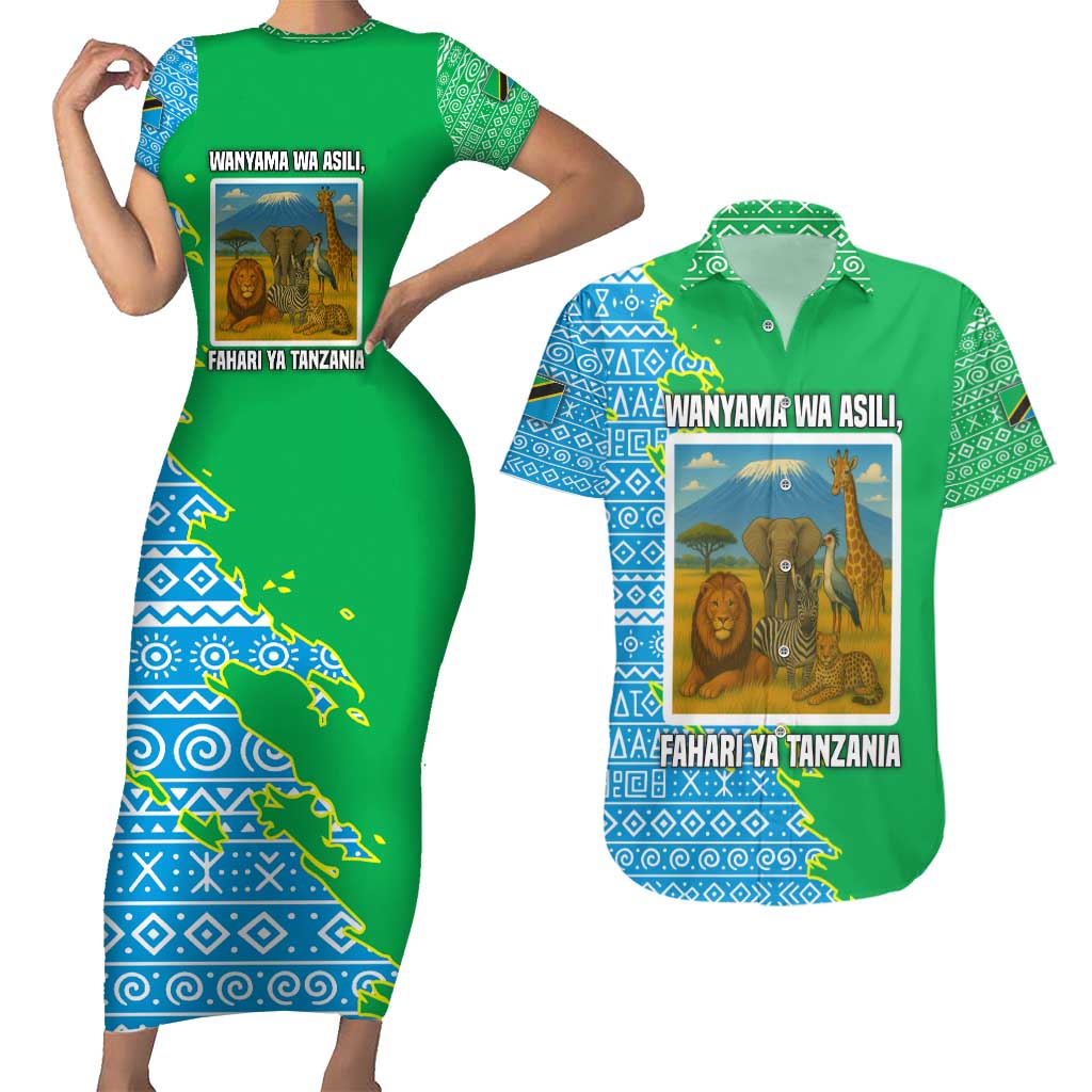 Tanzania Wildlife Couples Matching Short Sleeve Bodycon Dress and Hawaiian Shirt with Tribal Print and Mount Kilimanjaro Safari Scene