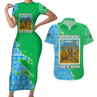 Tanzania Wildlife Couples Matching Short Sleeve Bodycon Dress and Hawaiian Shirt with Tribal Print and Mount Kilimanjaro Safari Scene