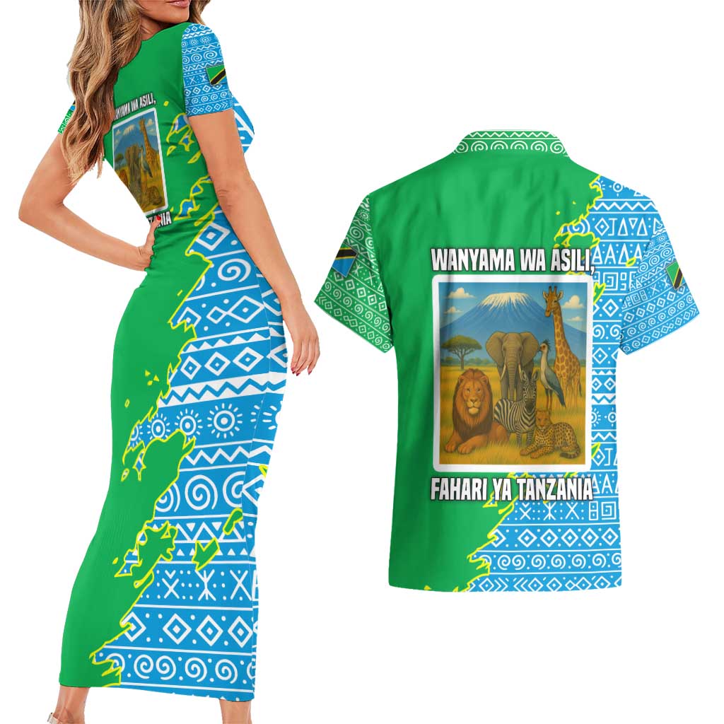 Tanzania Wildlife Couples Matching Short Sleeve Bodycon Dress and Hawaiian Shirt with Tribal Print and Mount Kilimanjaro Safari Scene