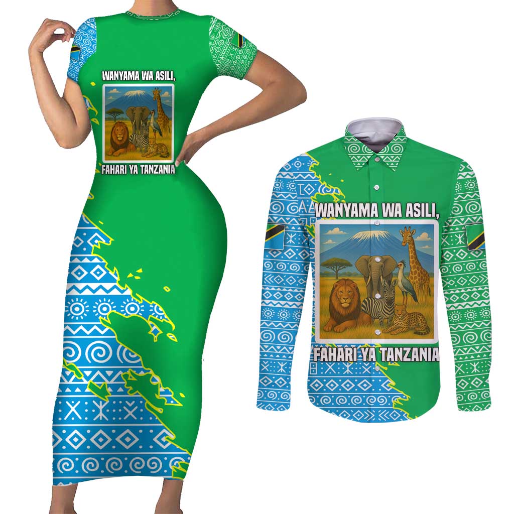 Tanzania Wildlife Couples Matching Short Sleeve Bodycon Dress and Long Sleeve Button Shirt with Tribal Print and Mount Kilimanjaro Safari Scene