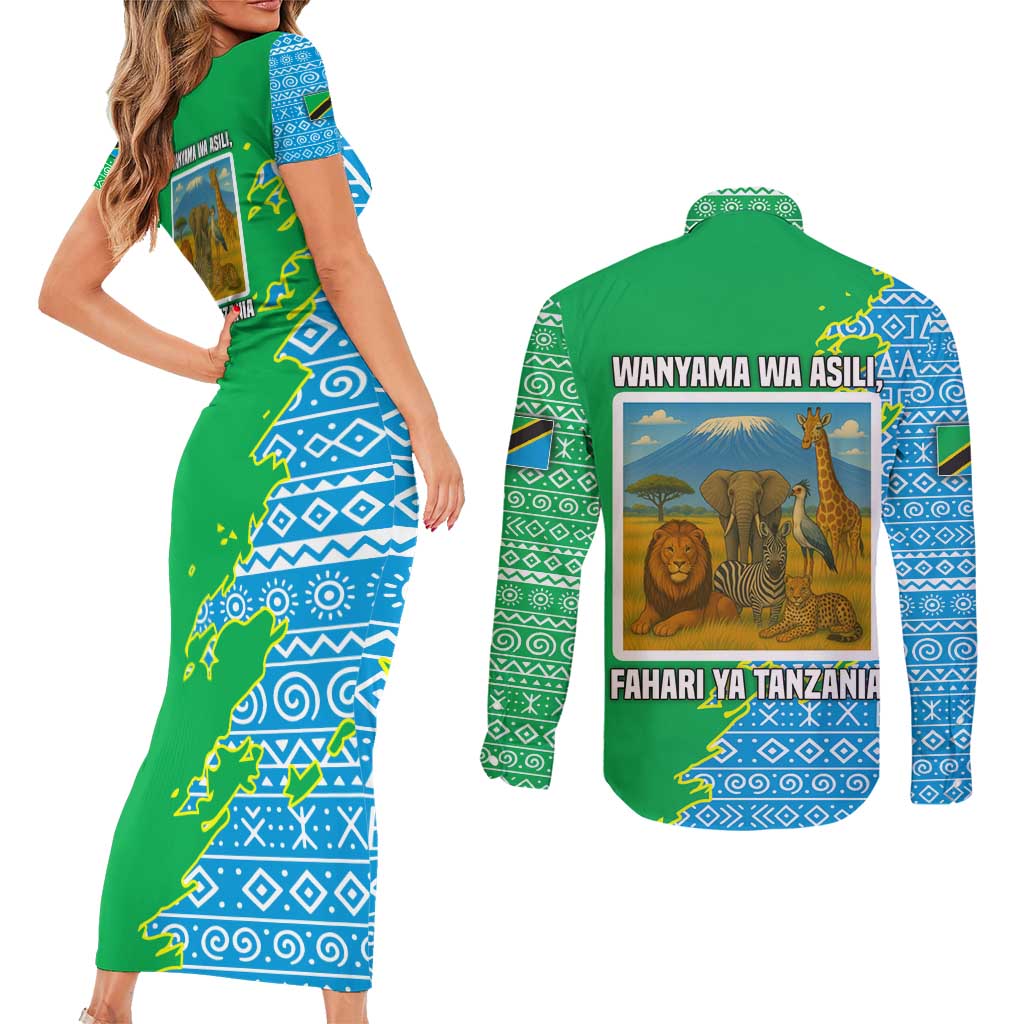 Tanzania Wildlife Couples Matching Short Sleeve Bodycon Dress and Long Sleeve Button Shirt with Tribal Print and Mount Kilimanjaro Safari Scene
