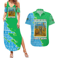 Tanzania Wildlife Couples Matching Summer Maxi Dress and Hawaiian Shirt with Tribal Print and Mount Kilimanjaro Safari Scene