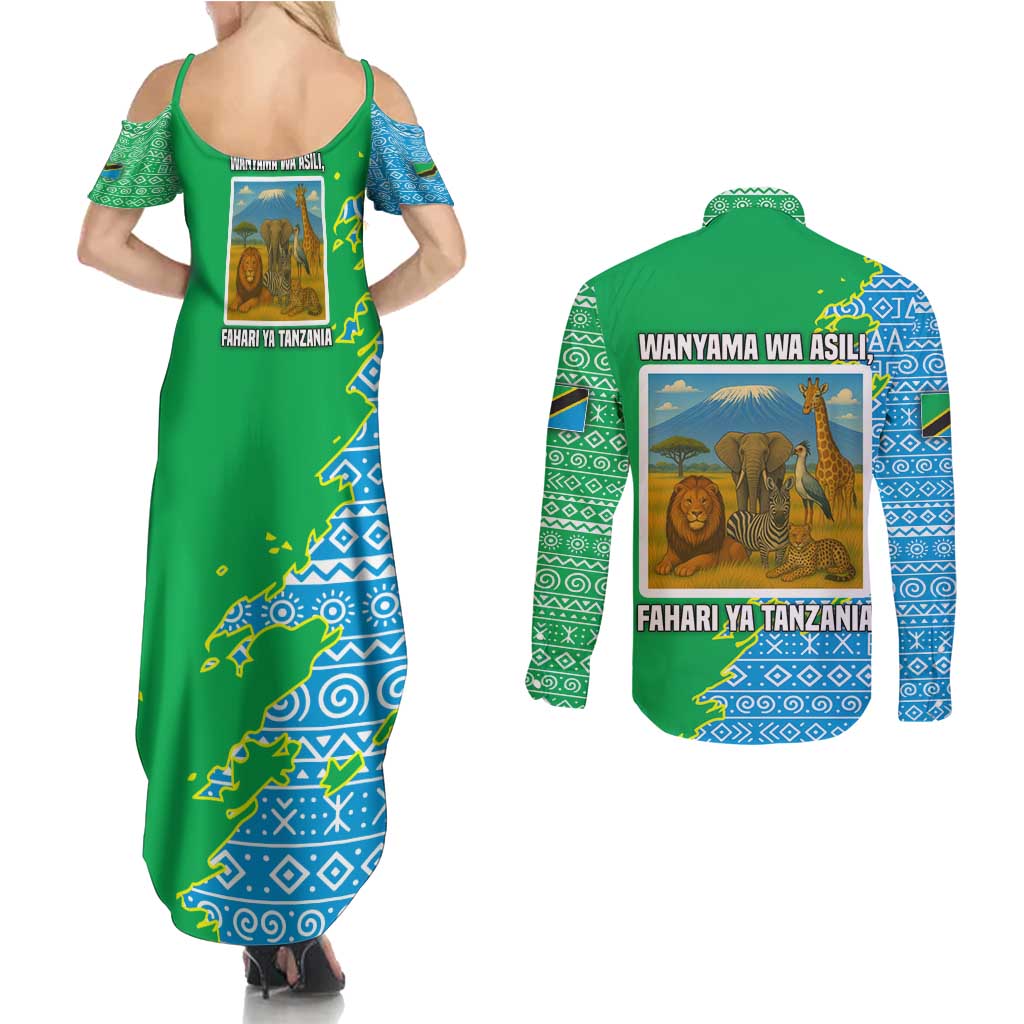 Tanzania Wildlife Couples Matching Summer Maxi Dress and Long Sleeve Button Shirt with Tribal Print and Mount Kilimanjaro Safari Scene