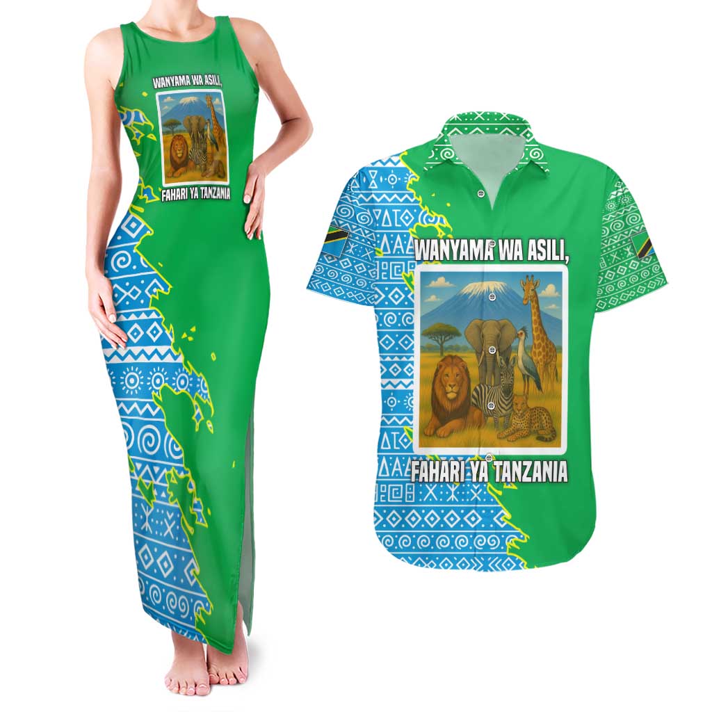 Tanzania Wildlife Couples Matching Tank Maxi Dress and Hawaiian Shirt with Tribal Print and Mount Kilimanjaro Safari Scene