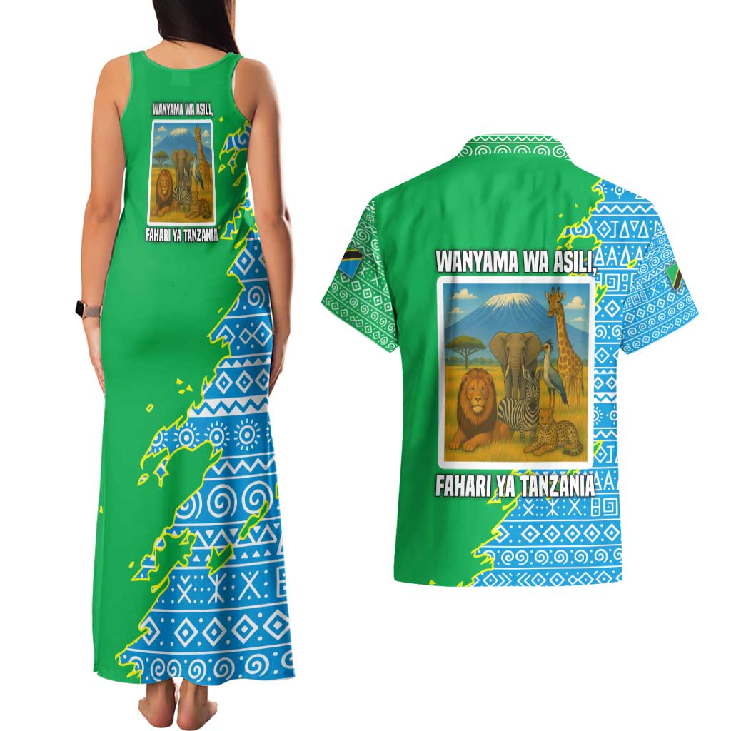Tanzania Wildlife Couples Matching Tank Maxi Dress and Hawaiian Shirt with Tribal Print and Mount Kilimanjaro Safari Scene