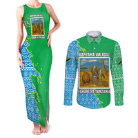 Tanzania Wildlife Couples Matching Tank Maxi Dress and Long Sleeve Button Shirt with Tribal Print and Mount Kilimanjaro Safari Scene