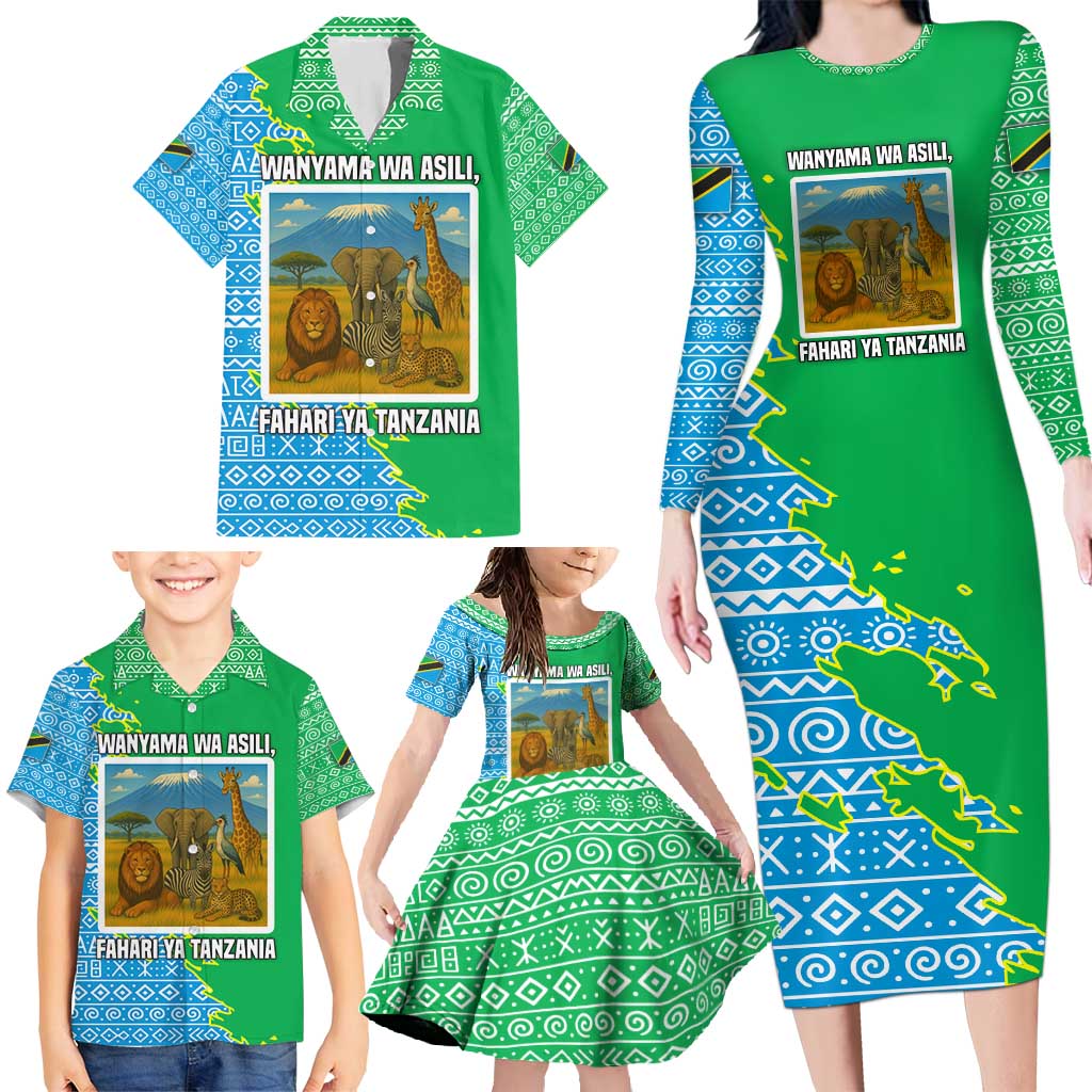 Tanzania Wildlife Family Matching Long Sleeve Bodycon Dress and Hawaiian Shirt with Tribal Print and Mount Kilimanjaro Safari Scene
