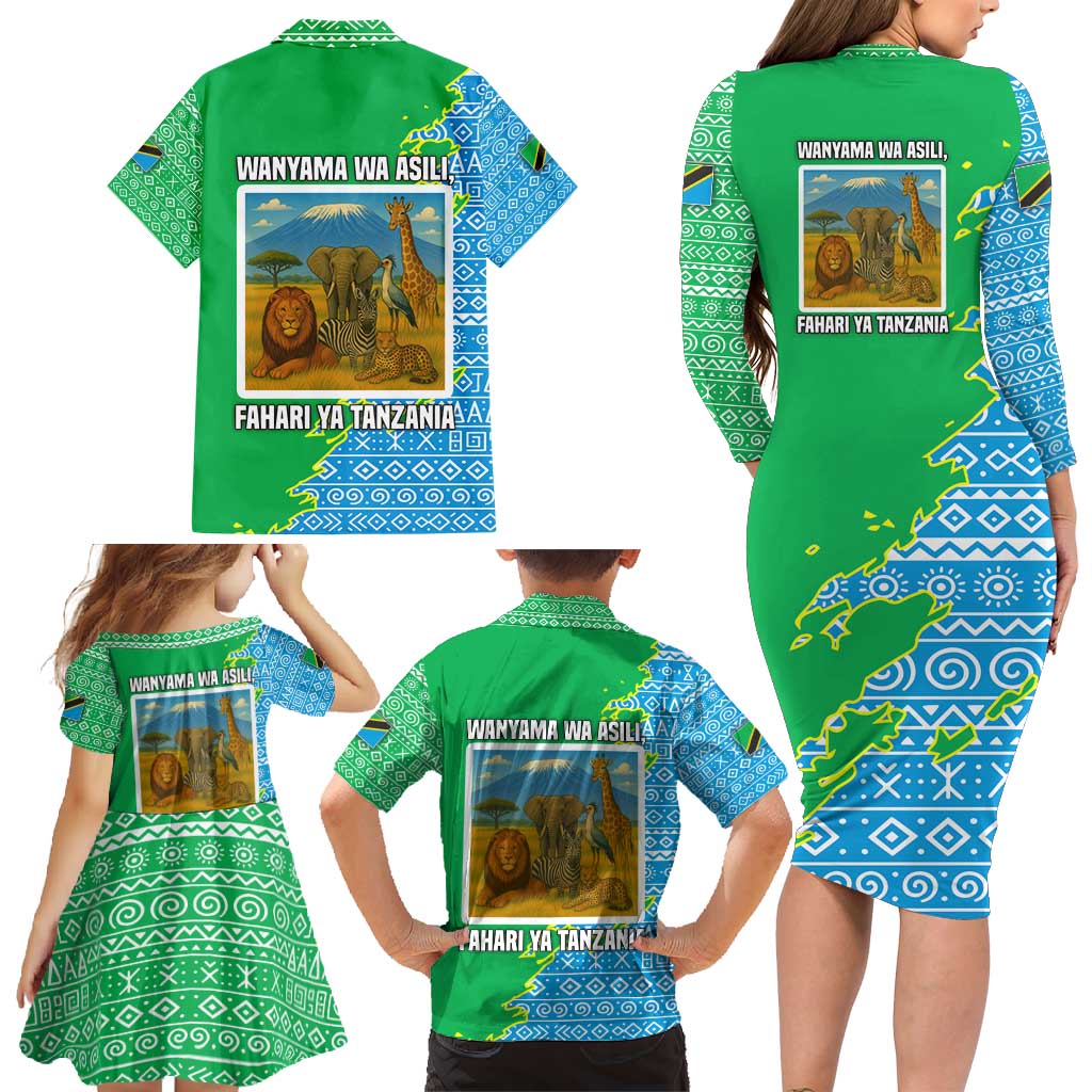 Tanzania Wildlife Family Matching Long Sleeve Bodycon Dress and Hawaiian Shirt with Tribal Print and Mount Kilimanjaro Safari Scene