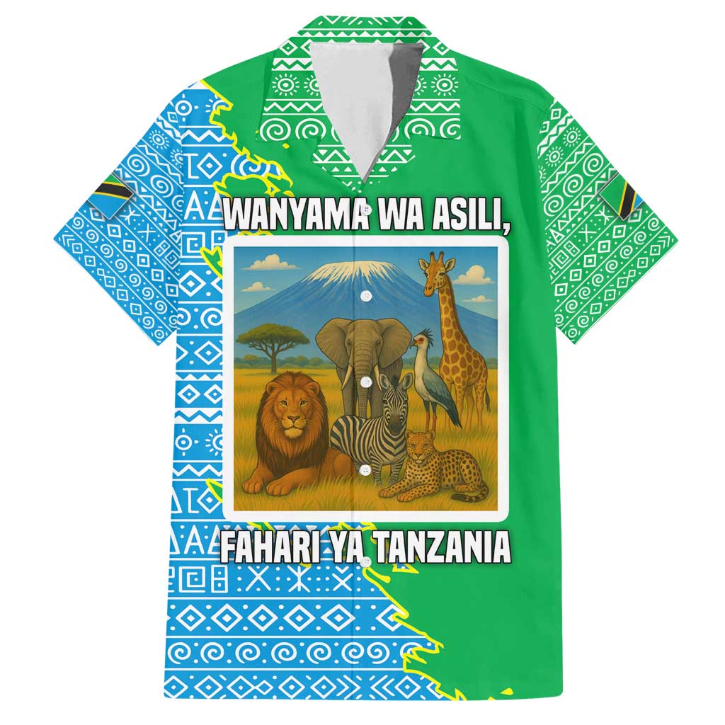 Tanzania Wildlife Family Matching Long Sleeve Bodycon Dress and Hawaiian Shirt with Tribal Print and Mount Kilimanjaro Safari Scene