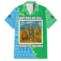 Tanzania Wildlife Family Matching Long Sleeve Bodycon Dress and Hawaiian Shirt with Tribal Print and Mount Kilimanjaro Safari Scene