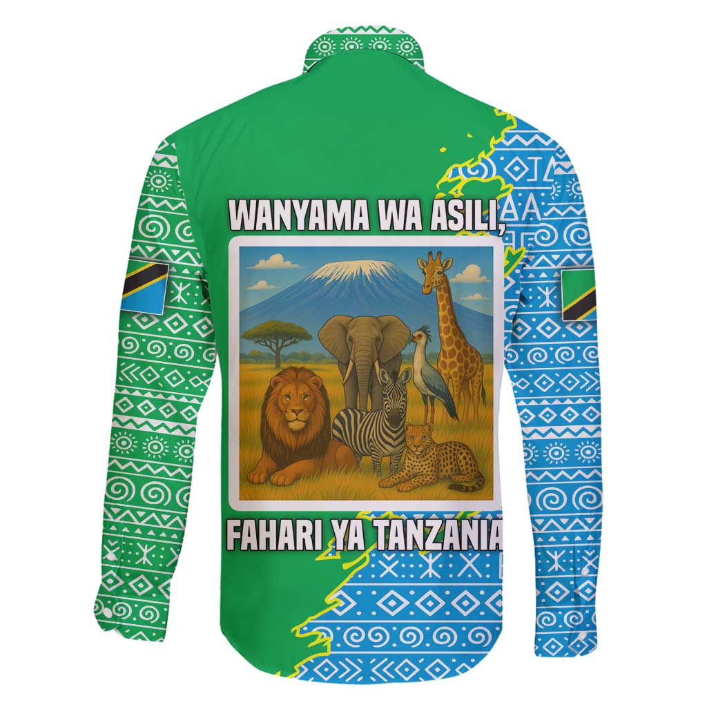 Tanzania Wildlife Family Matching Long Sleeve Bodycon Dress and Hawaiian Shirt with Tribal Print and Mount Kilimanjaro Safari Scene
