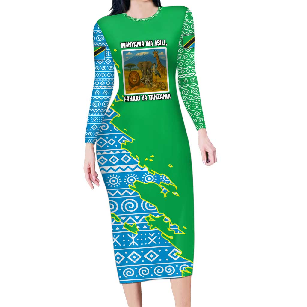 Tanzania Wildlife Family Matching Long Sleeve Bodycon Dress and Hawaiian Shirt with Tribal Print and Mount Kilimanjaro Safari Scene