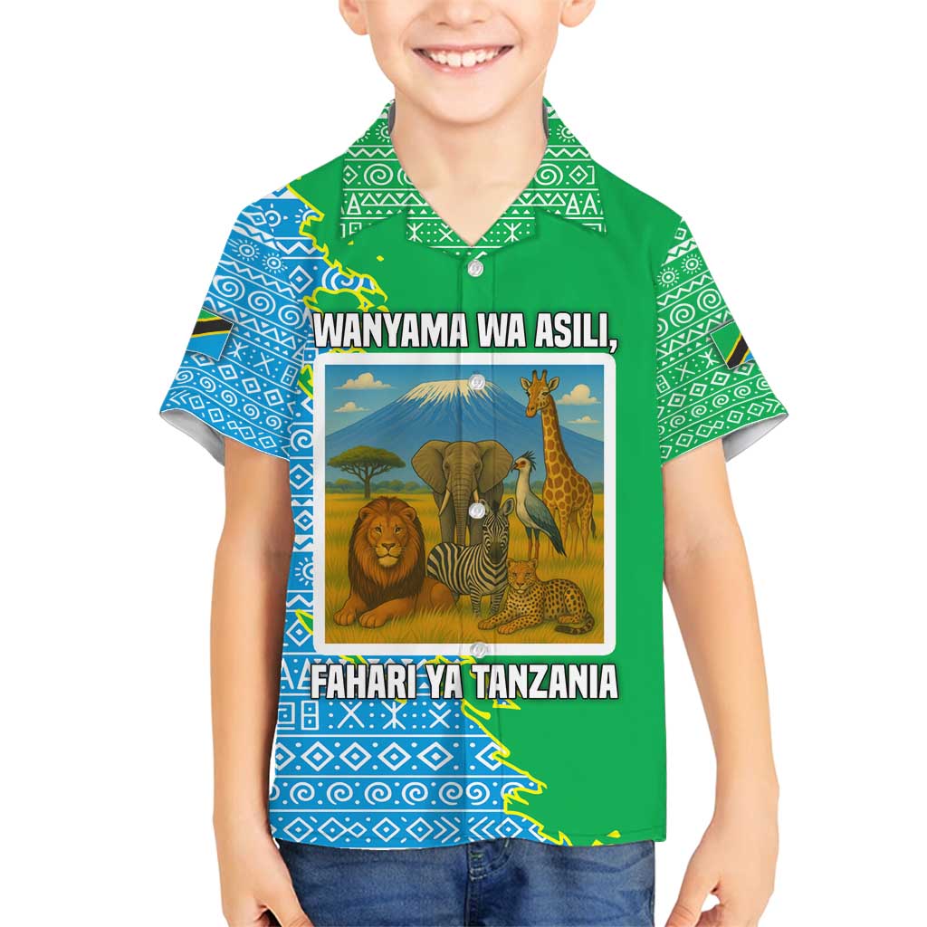 Tanzania Wildlife Family Matching Long Sleeve Bodycon Dress and Hawaiian Shirt with Tribal Print and Mount Kilimanjaro Safari Scene
