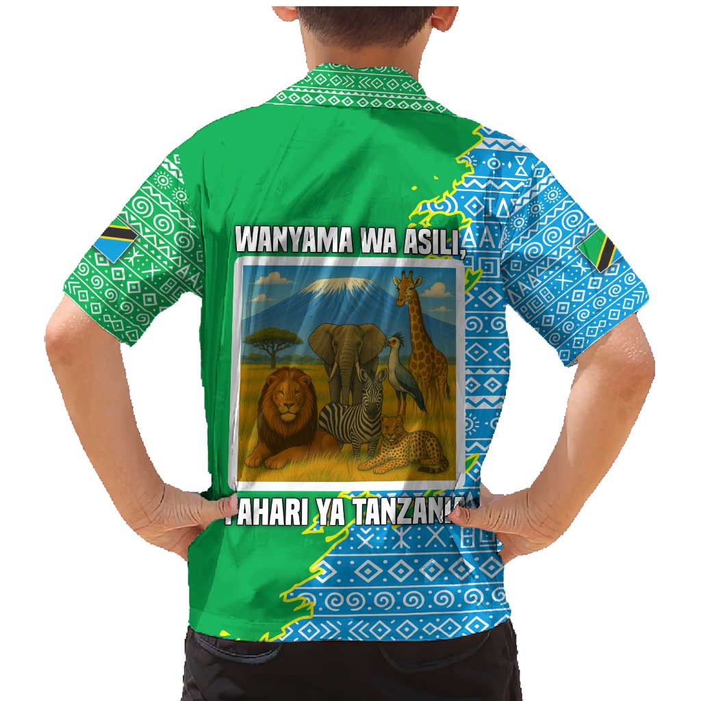 Tanzania Wildlife Family Matching Mermaid Dress and Hawaiian Shirt with Tribal Print and Mount Kilimanjaro Safari Scene