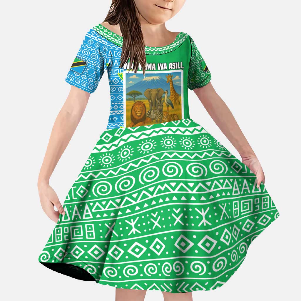 Tanzania Wildlife Family Matching Mermaid Dress and Hawaiian Shirt with Tribal Print and Mount Kilimanjaro Safari Scene