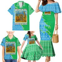 Tanzania Wildlife Family Matching Mermaid Dress and Hawaiian Shirt with Tribal Print and Mount Kilimanjaro Safari Scene