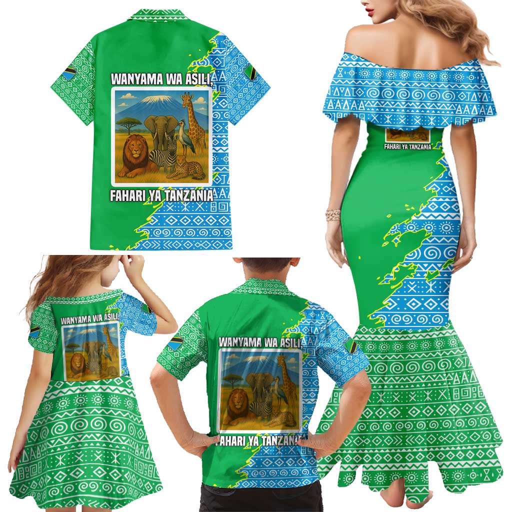 Tanzania Wildlife Family Matching Mermaid Dress and Hawaiian Shirt with Tribal Print and Mount Kilimanjaro Safari Scene