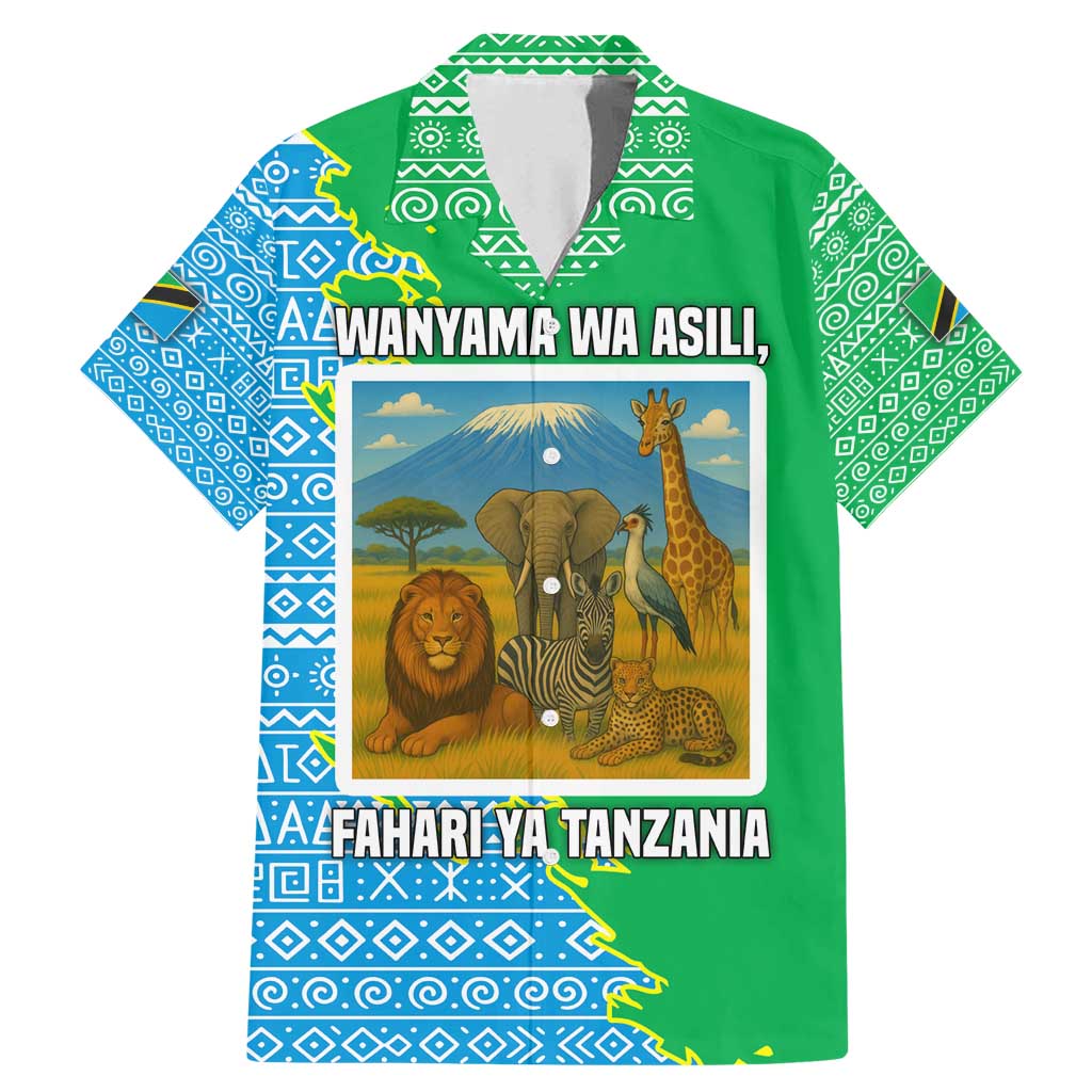 Tanzania Wildlife Family Matching Mermaid Dress and Hawaiian Shirt with Tribal Print and Mount Kilimanjaro Safari Scene