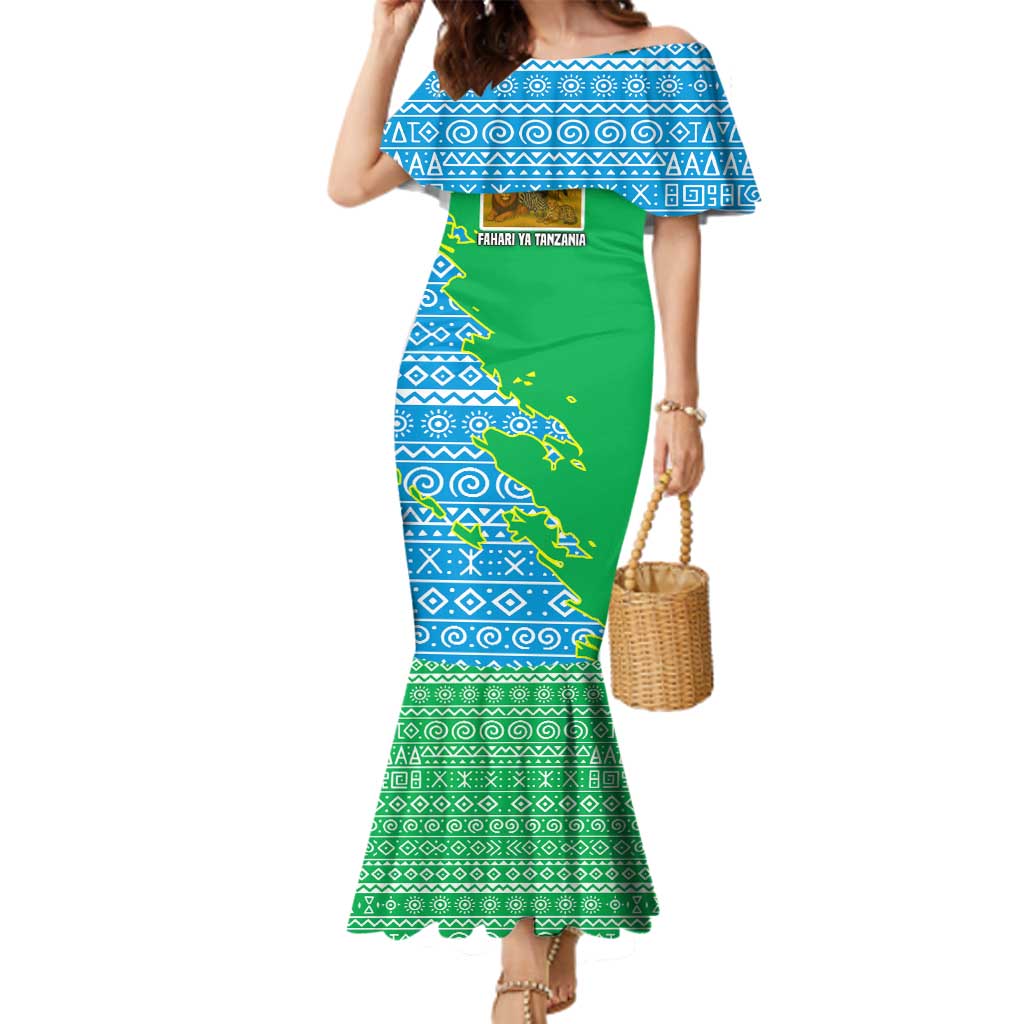 Tanzania Wildlife Family Matching Mermaid Dress and Hawaiian Shirt with Tribal Print and Mount Kilimanjaro Safari Scene