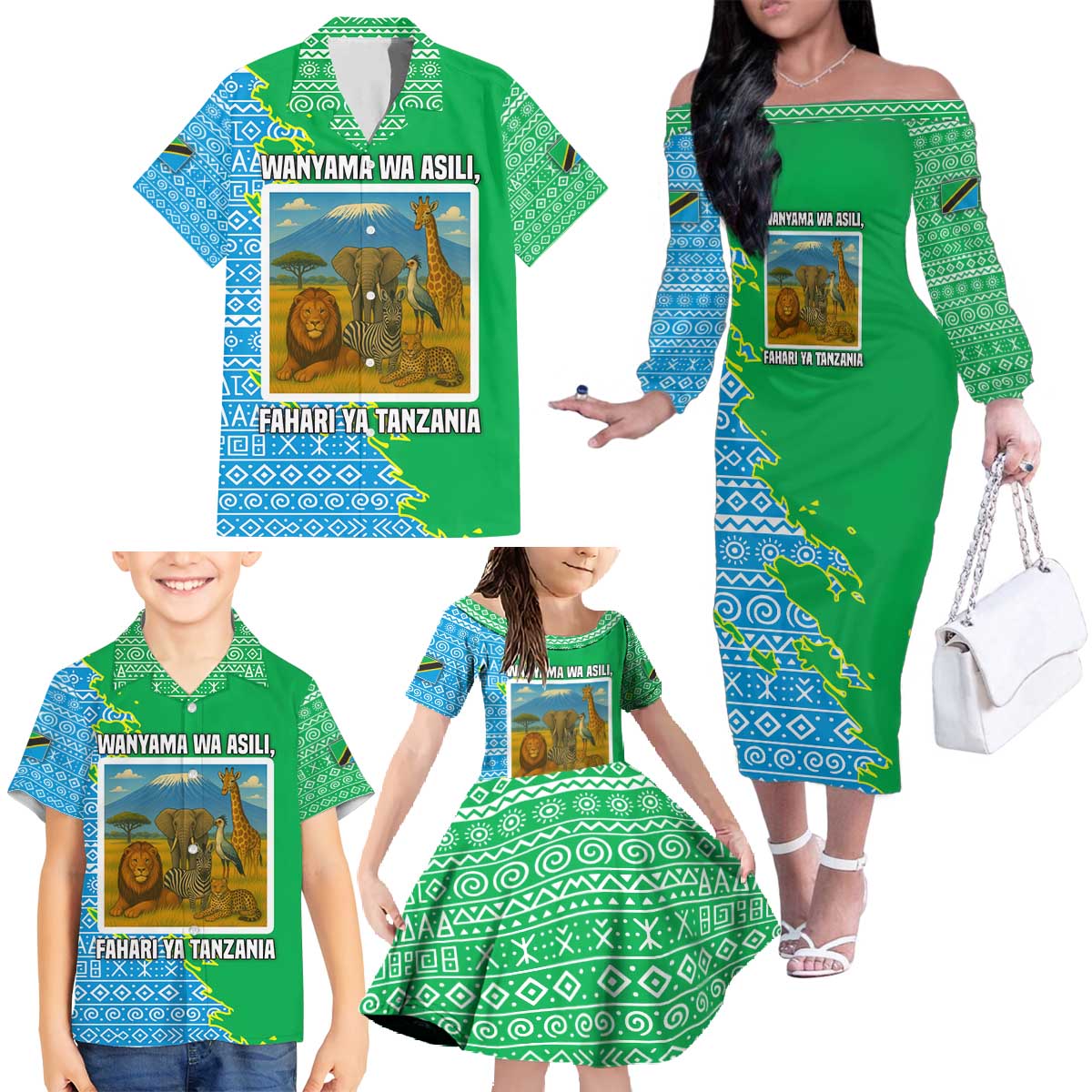 Tanzania Wildlife Family Matching Off The Shoulder Long Sleeve Dress and Hawaiian Shirt with Tribal Print and Mount Kilimanjaro Safari Scene