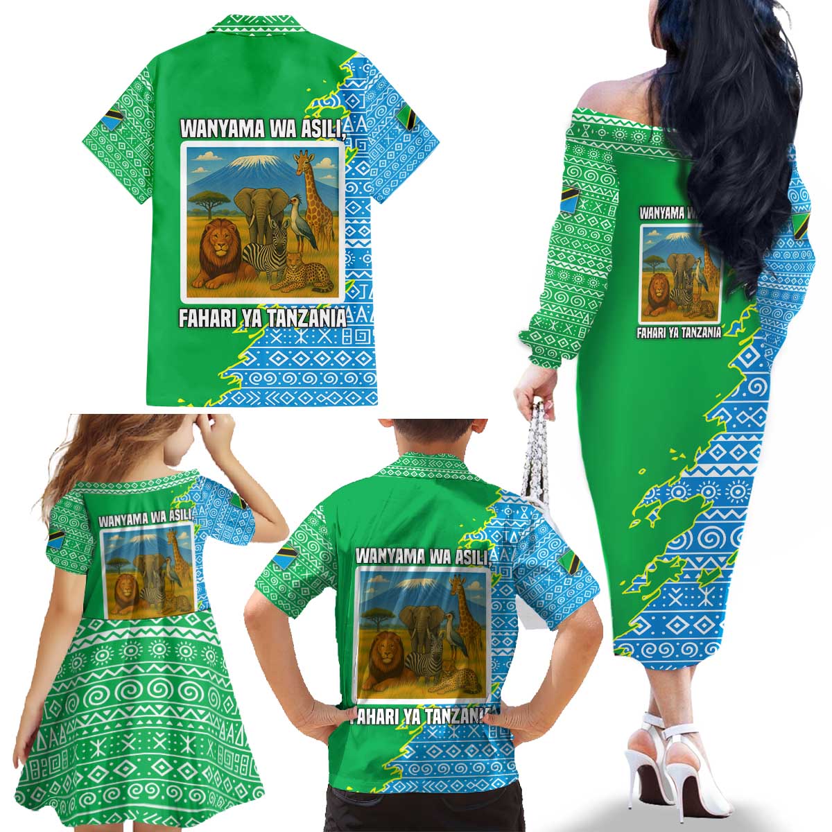 Tanzania Wildlife Family Matching Off The Shoulder Long Sleeve Dress and Hawaiian Shirt with Tribal Print and Mount Kilimanjaro Safari Scene