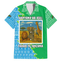 Tanzania Wildlife Family Matching Off The Shoulder Long Sleeve Dress and Hawaiian Shirt with Tribal Print and Mount Kilimanjaro Safari Scene