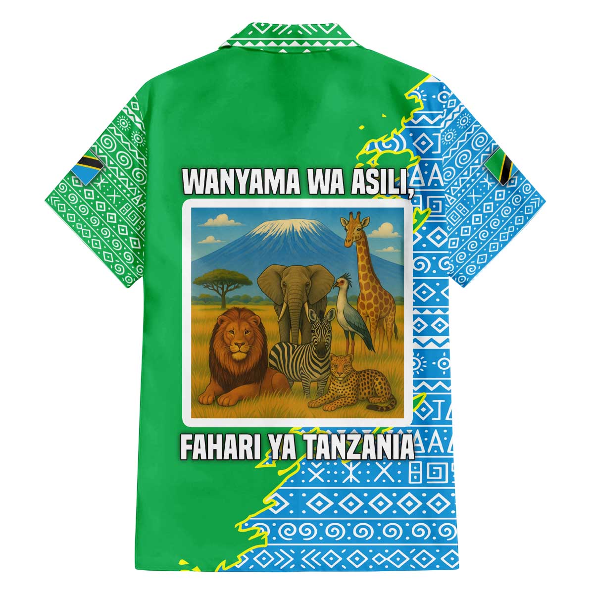Tanzania Wildlife Family Matching Off The Shoulder Long Sleeve Dress and Hawaiian Shirt with Tribal Print and Mount Kilimanjaro Safari Scene