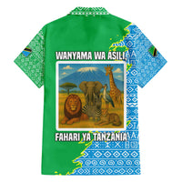 Tanzania Wildlife Family Matching Off The Shoulder Long Sleeve Dress and Hawaiian Shirt with Tribal Print and Mount Kilimanjaro Safari Scene