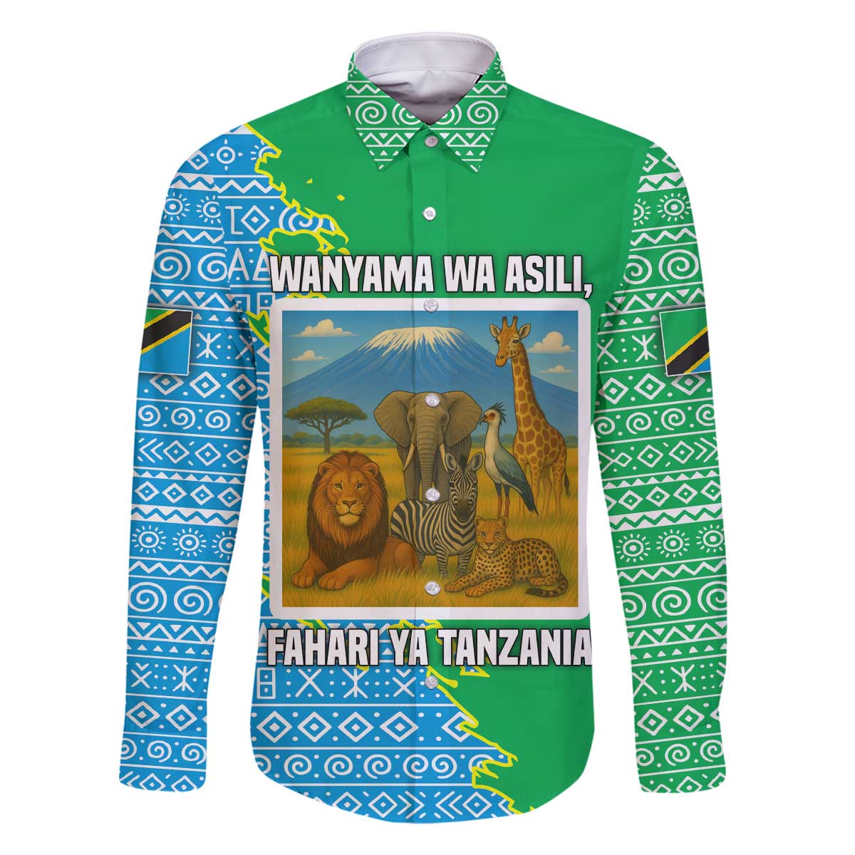 Tanzania Wildlife Family Matching Off The Shoulder Long Sleeve Dress and Hawaiian Shirt with Tribal Print and Mount Kilimanjaro Safari Scene