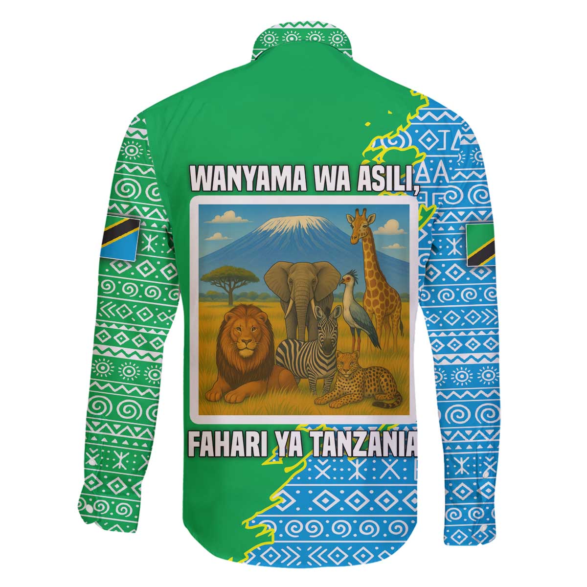 Tanzania Wildlife Family Matching Off The Shoulder Long Sleeve Dress and Hawaiian Shirt with Tribal Print and Mount Kilimanjaro Safari Scene