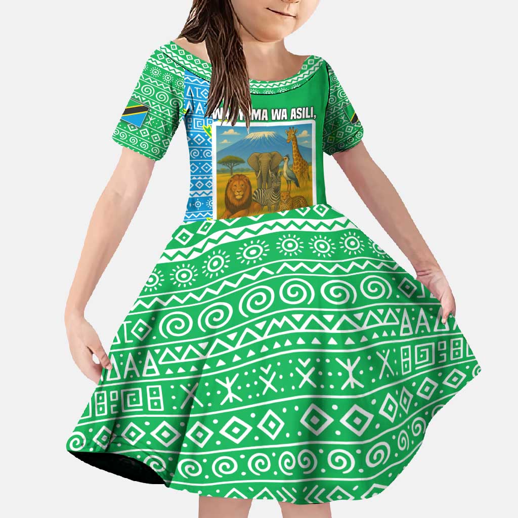 Tanzania Wildlife Family Matching Off Shoulder Maxi Dress and Hawaiian Shirt with Tribal Print and Mount Kilimanjaro Safari Scene