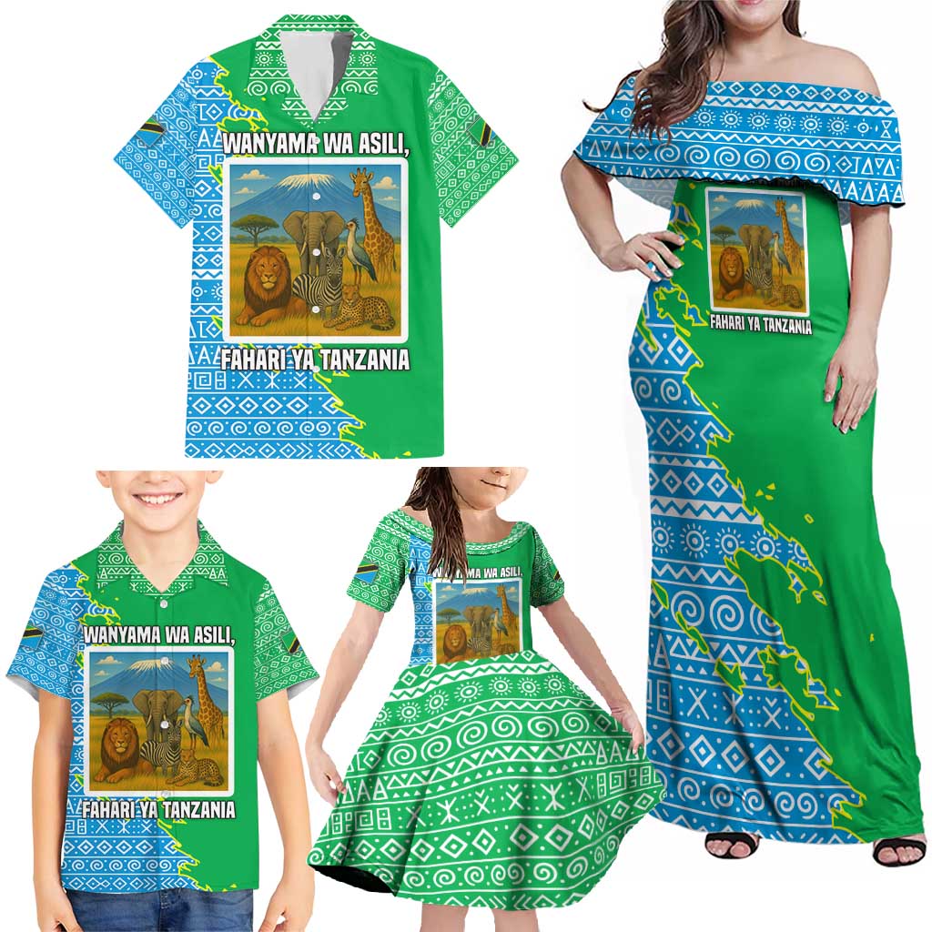 Tanzania Wildlife Family Matching Off Shoulder Maxi Dress and Hawaiian Shirt with Tribal Print and Mount Kilimanjaro Safari Scene