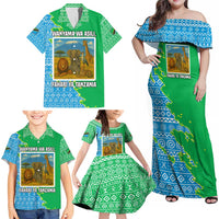 Tanzania Wildlife Family Matching Off Shoulder Maxi Dress and Hawaiian Shirt with Tribal Print and Mount Kilimanjaro Safari Scene